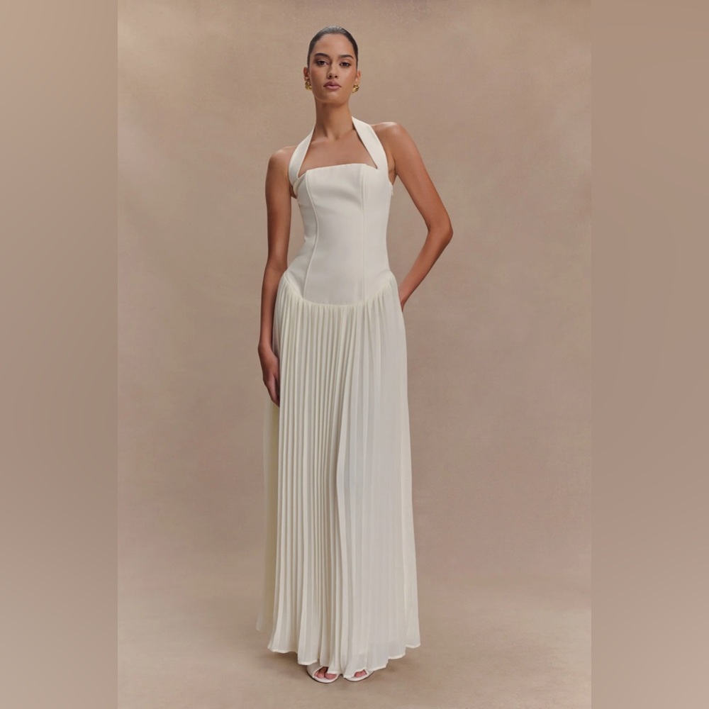 Meshki Cream Pleated Halter Gown Stacie